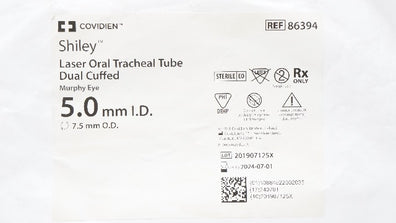Covidien 86394 Shiley Laser Oral Tracheal Tube Dual Cuffed 5.0 ID x 7.5mm OD(x)
